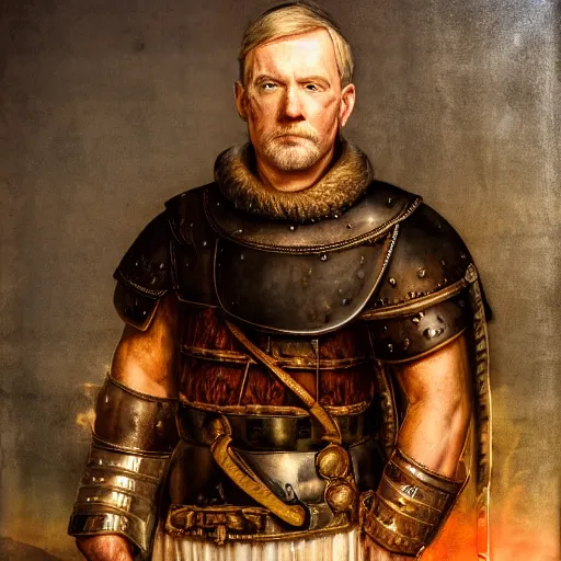 Prompt: adam savage portrait roman general hand on sword