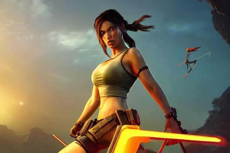 Image similar to wide ((wide)) photo of beautiful Lara croft (((dynamic neon lighting)) in geometric solar temple with glowing birds, elegant, highly detailed, sharp focus, illustration, beautiful, geometric, trending on artstation, battlefield, cinematic, artwork by Tran, Ross and Aivazovsky, Ivan