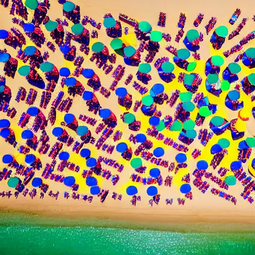 Image similar to photograph beachscapes from an almost perpendicular angle, Aerial view of sandy beach with umbrellas and sea, Aerial of a crowded sandy beach with colourful umbrellas, sun bathers and swimmers during summer, by Tommy Clarke