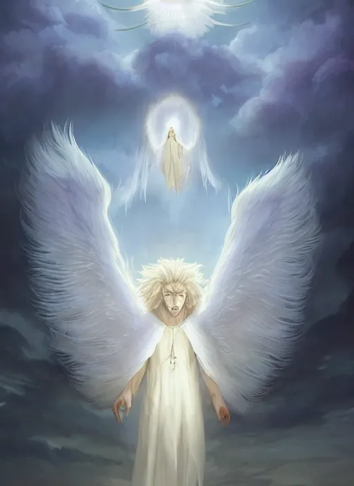 Image similar to aesthetic, religious fantasy portrait commission of an albino male furry anthro lion with giant feathery glowing angel wings flying in the heavenly cloudy sky wearing a silky white transparent cloak blowing in the wind, Atmospheric . Character design by charlie bowater, ross tran, artgerm, and makoto shinkai, detailed, inked, western comic book art, 2021 award winning film poster painting