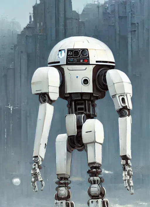 Image similar to an intricate oil painting of a giant pristine white droid mecha with rounded components and tarpaulin cloak by simon stalenhag, by ian mcque inspired by nier : automata, clean white lab background