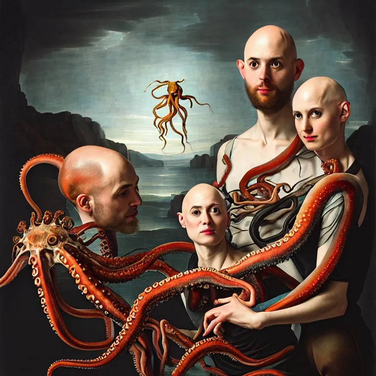 Prompt: young bald man couple wearing exoskeleton, holding a squid, octopus, sea in the background, beautiful baroque portrait painting, psychedelic, trippy, hallucination, dream, beautiful detailed intricate insanely detailed octane render trending on Artstation, 8K artistic photography, photorealistic, chiaroscuro, Raphael, Caravaggio