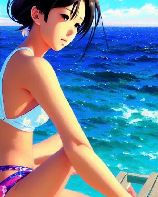 Image similar to girl in bikini sitting on the bench near the sea | very anime!!!, fine face, audrey plaza, realistic shaded perfect face, fine details. anime. strong realistic shaded lighting poster by ilya kuvshinov katsuhiro otomo ghost, magali villeneuve, artgerm, jeremy lipkin and michael garmash and rob rey