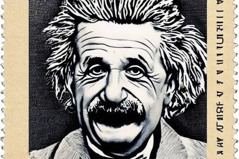 Image similar to goofy engraved portrait of albert einstein sticking tongue out, detailed!!! color engraving in the style of a postage stamp, fine!!! lines