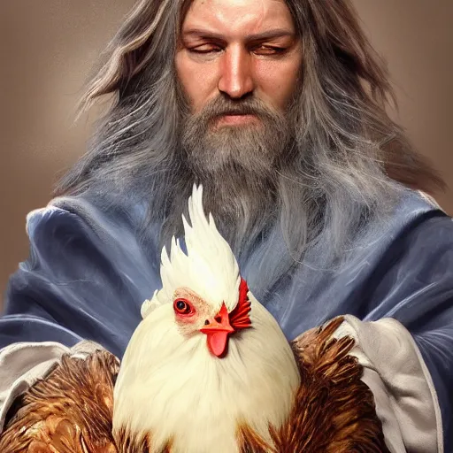 Image similar to a portrait of a wizard with his pet chicken by Johan Grenier, confused facial expression, blue robe, long beard, ArtStation, realistic, detailed