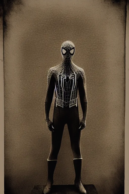 Prompt: spider - man, portrait, full body, symmetrical features, silver iodide, 1 8 8 0 photograph, sepia tone, aged paper, master prime lenses, sergio leone, cinematic