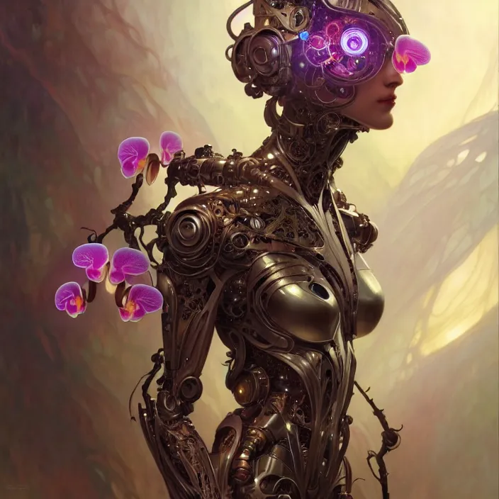 Prompt: organic cyborg, orchid, diffuse lighting, fantasy, intricate, elegant, highly detailed, lifelike, photorealistic, digital painting, artstation, illustration, concept art, smooth, sharp focus, art by John Collier and Albert Aublet and Krenz Cushart and Artem Demura and Alphonse Mucha