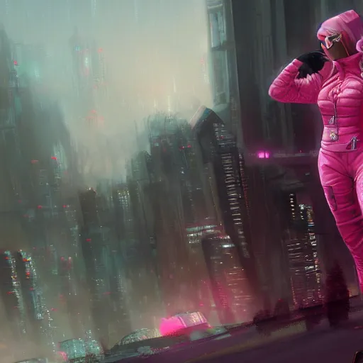 Prompt: a beautiful nord woman cyberpunk wearing detailed pink techwear jacket, by raymond swanland and jia ruan, featured on artstation