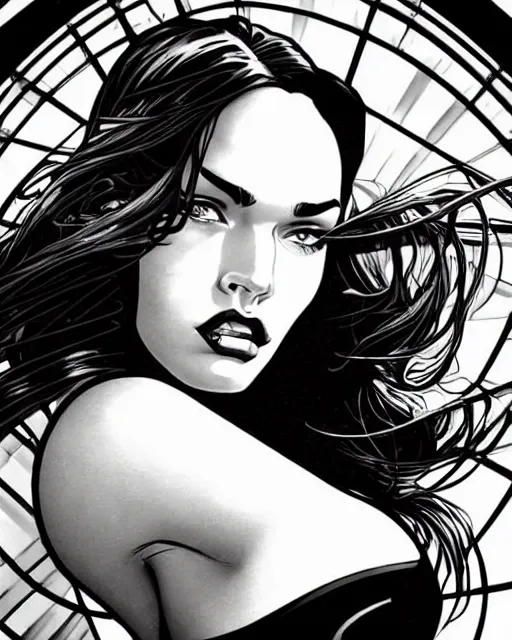 Image similar to low angle closeup very seductive megan fox retro scifi goddess pinup, vr goggles, action glamour pose, windblown dark hair, hyper detailed, digital art, studio lighting, smooth, ambient lighting, sharp focus, frank miller, wlop, anna dittmann, moebius!, alphonse mucha, patrick nagle!!!, rim lighting, synthwave