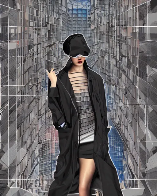 Image similar to cypherpunk fashion illustration, camera face, city street background with high tall buildings, abstract portrait highly detailed, finely detailed