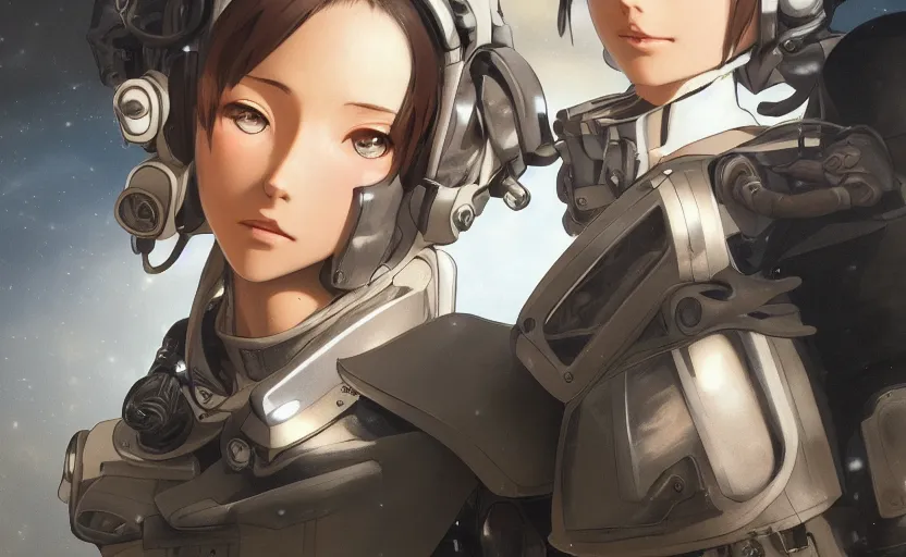 Image similar to pilot girl, cyborg aircraft parts, anime style, vintage pilot clothing, shoulder eyes, last exile anime, hair down, symmetrical facial features, from arknights, hyper realistic, 4 k, rule of thirds, extreme detail, detailed drawing, trending artstation, realistic lighting, by alphonse mucha, greg rutkowski, short neck