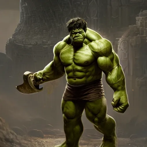 Image similar to the hulk wearing heavy armor carrying a big greatsword in his hands, au naturel, hyper detailed, digital art, trending in artstation, cinematic lighting, studio quality, smooth render, unreal engine 5 rendered, octane rendered, art style by klimt and nixeu and ian sprigger and wlop and krenz cushart