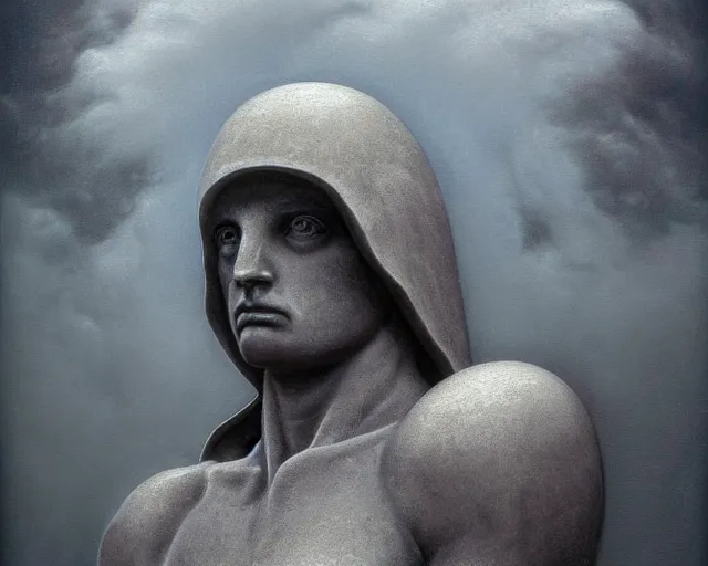 Image similar to hyperrealistic detailed character portrait painting of a statue of an Angel made of grey gray concrete stone with a glowing Halo above its head, atmospheric dark lighting, epic lighting, dark clouds in the sky, very moody, 1980s metal artwork, dystopian feel, heavy metal, in the style of Michael Whelan and Zdzisław Beksiński, hyper detailed, trending on Artstation