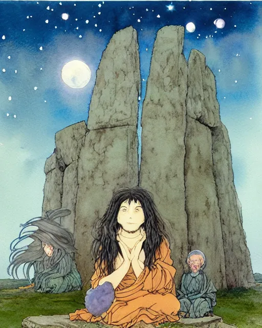 Image similar to a hyperrealist studio ghibli watercolor fantasy concept art of a giant long haired grey witch in lotus position sitting on top of stonehenge with a starry sky in the background. a group of tiny monks are prostrating them themselves. by rebecca guay, michael kaluta, charles vess