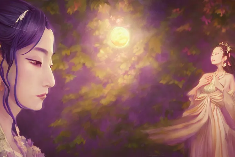 Image similar to a cinematic portrait of wedding photograph jpeg close up moment of a divine a japan sun god and moon goddess lovers magician at a wedding banquet. portraiture. digital painting. artstation. concept art. wedding photo. digital painting. violet evergarden art masterpiece by art by krenz cushart