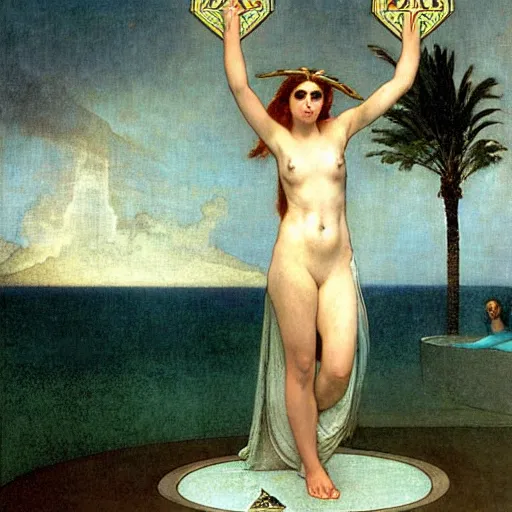 Prompt: Demonic girl at the giant column, thunderstorm, greek pool, beach and palm trees on the background major arcana sky, by paul delaroche, alphonse mucha and arnold böcklin arnold böcklin hyperrealistic 8k, very detailed