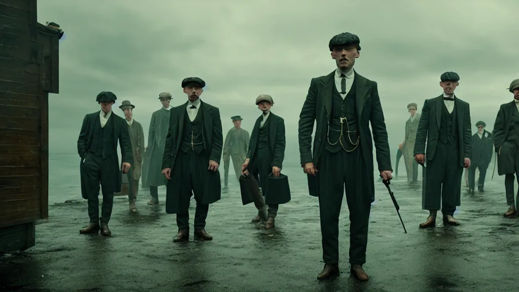 Prompt: the peaky blinders with fish heads coming out of the ocean film still from the movie directed by denis villeneuve with art direction by zdzis