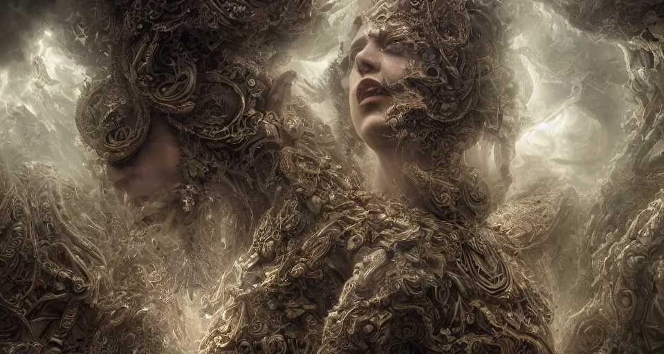 Image similar to vanishment of the gods, cinematic, end of an era, chaos, digital art. ornate, intericate, fractal patterns, ethereal, cinematic, artstation, hyper detailed, weta digital, ray trace, 3 d sculpture, beautifully lit, glow, soft light, photorealistic, ghost, symmetric, masterpiece, realistic, highly detailed