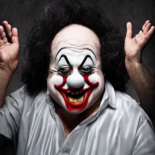 Prompt: danny devito in clown mask with fangs