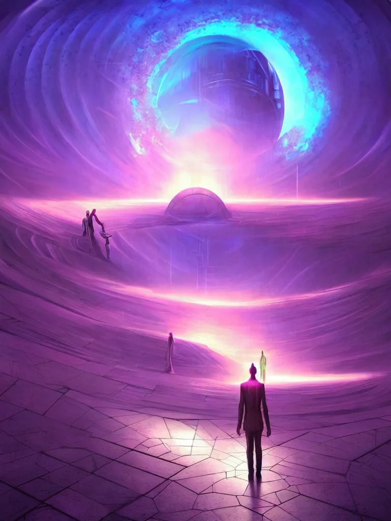 Image similar to entrance to ethereal realm, god waiting, octane render, central composition, symmetrical composition, dreamy colorful cyberpunk colors, 6 point perspective, fantasy landscape with anthropomorphic!!! terrain!!! in the styles of igor morski, jim warren, and rob gonsalves, intricate, hyperrealistic, volumetric lighting, neon ambiance, distinct horizon