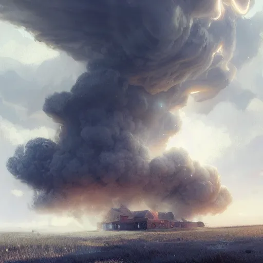 Image similar to an epic view of a smoke tornado destroying a farmhouse, twister, dust devils, flying particles, concept art, by jean duplessis - bertaux and greg rutkowski, trending on artstation