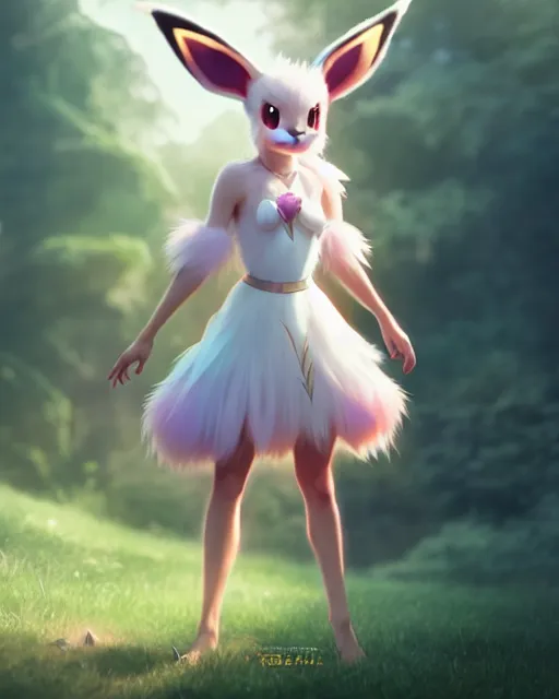 Image similar to photo of eevee pokemon humanisation, fully dresse, film still, dslr, by greg rutkowski, ross tran, artgerm, wlop glossy skin, pearlescent, very coherent, cute