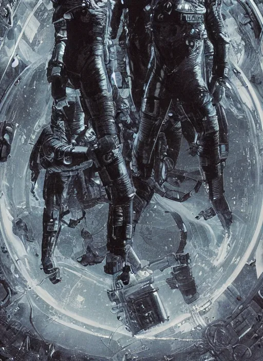 Image similar to astronauts in dark and empty void underwater - complex and hyperdetailed technical suit. reflection and dispersion materials. rays and dispersion of light. volumetric light. 5 0 mm, f / 3 2. noise film photo. flash photography. ultra realistic, wide angle. poster by wayne barlowe, hajime sorayama aaron horkey, craig mullins