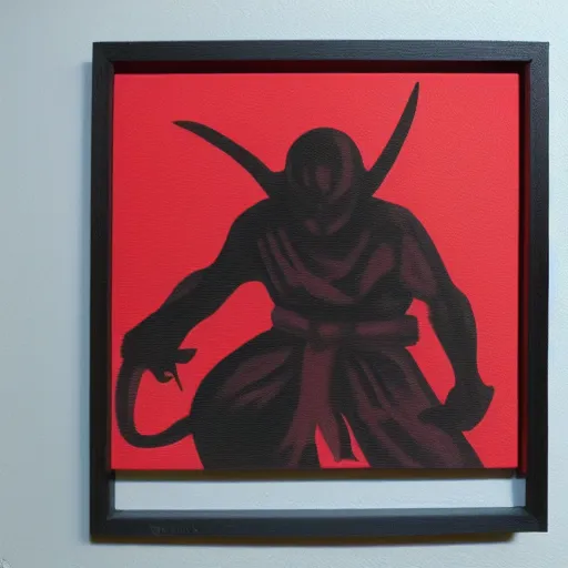 Image similar to Demon ninja warrior, Acrylic on canvas, low-key lighting, low angle, somber, sinister, doom, haunting