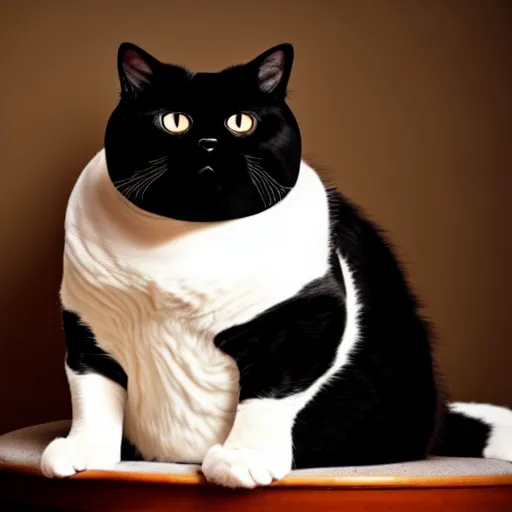 Image similar to photograph of a very fat and judgmental cat wearing a full tuxedo sitting in a dimly lit parlor lounge