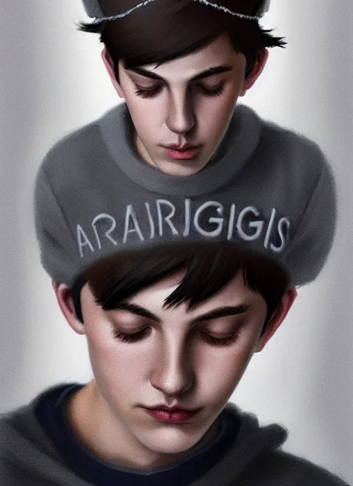 Image similar to portrait of teenage jughead jones wearing a light grey crown, photorealistic, crown, eyes closed, crown, black hair, sweater with letter s on it, letter s, intricate, elegant, glowing lights, highly detailed, digital painting, artstation, concept art, smooth, sharp focus, illustration, art by wlop, mars ravelo and greg rutkowski