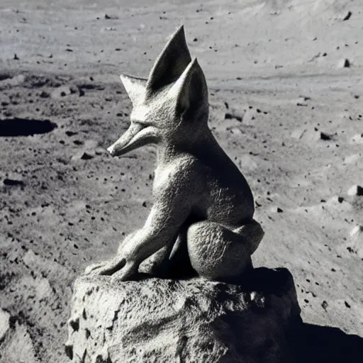 Image similar to male anthro anthropomorphic human like fox demon monument stands on the moon,