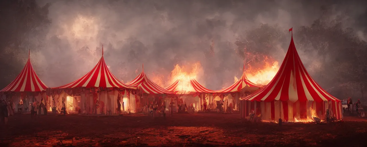 Image similar to red and white circus tent on fire, wide angle, matte painting, concept art, cgsociety, octane render, trending on artstation, artstationHD, artstationHQ, unreal engine, 4k, 8k