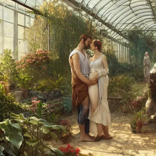 Image similar to Couple at a greenhouse in Ancient Greek | painting by Greg Rutkowski | trending on artstation | 8k | HD