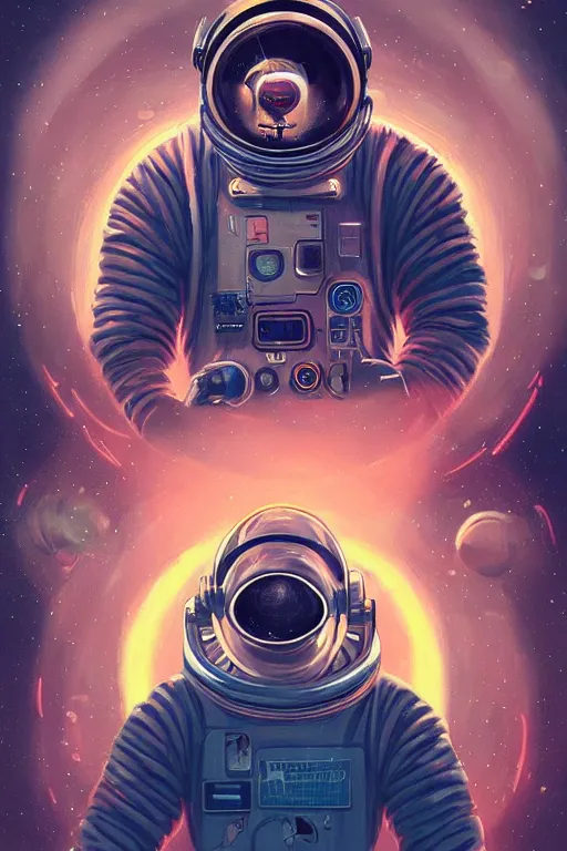 Prompt: a poster design of a faceless cyberpunk astronaut wearing headphones in space, universe, cyberpunk, warm color, Highly detailed labeled, poster, peter mohrbacher, featured on Artstation