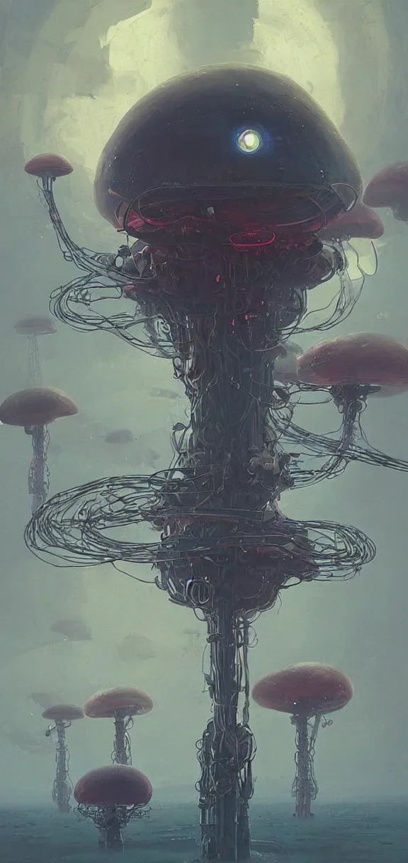 Prompt: mechanical mushroom starship with long tendrils, lots of hanging cables and wires, messy cords, sci - fi concept art, by john harris, by simon stalenhag, stunning, award winning