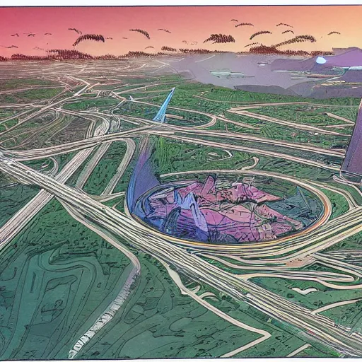 Image similar to The grand internet junction as imagined by Jodorowski and drawn by moebius, clean style, high-detail