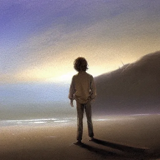 Image similar to atmospheric dreamscape painting of a boy standing on the beach on a foggy day, by moebius and john harris, atmospheric blues, concept art, saturation 40