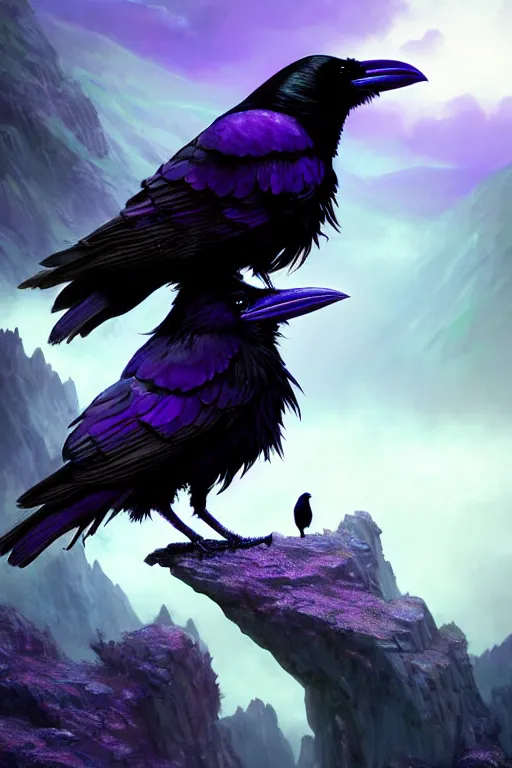 Image similar to portrait of a beautiful one raven perched on purple crystals that are glowing in a misty valley, establishing shot, extremly high detail, foto realistic, cinematic lighting, by yoshitaka amano, ruan jia, kentaro miura, artgerm, post processed, concept art, artstation, raphael lacoste, alex ross