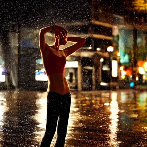 Image similar to portrait of mannequin dancing in the rain, cinematic light and reflections, beautiful dreamy lighting,