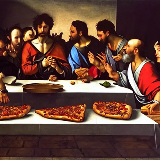 Prompt: the last supper but they eat pizza, caravaggio style, fantasy, epic, detailed