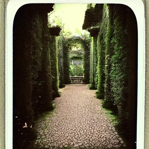 Image similar to courtyard walkway in an overgrown castle, surreal, polaroid,