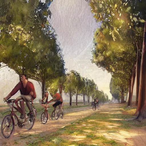 Prompt: friends ride their bikes through a colonnade of trees, by jon foster