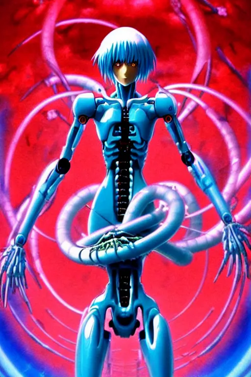 Image similar to female anime character rei ayanami cyborg in the center giygas epcotinside a space station eye of providence beksinski finnian vivid hr giger to eye hellscape mind character environmental