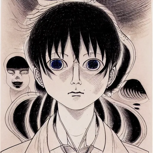 Image similar to prompt: Fragile looking vessel portrait face drawn by Katsuhiro Otomo, inspired by Dennis Ziemienski, magical and alchemical objects on the side, soft light, white background, intricate detail, intricate ink painting detail, sharp high detail, manga and anime 2000