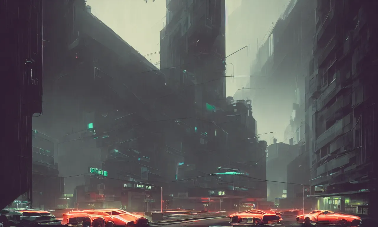 Image similar to streetscape, simple brutalist architecture, white neon lights, neon signs, flying vehicles, pedestrians, greg rutkowski, syd mead, ralph mcquarrie, concept art, matte painting, finely detailed, minimal artifacts, rule of thirds, dynamic lighting, cinematic, denoised, centered, artstation