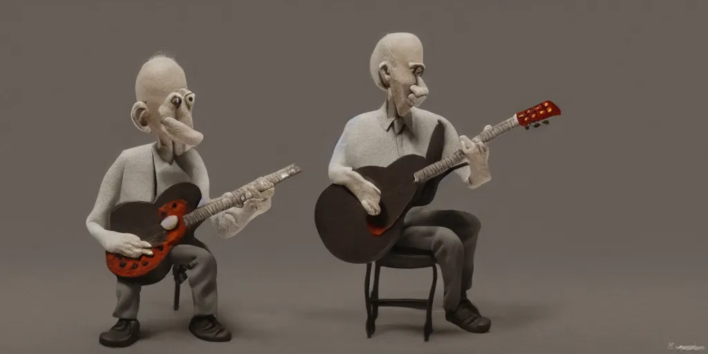 Image similar to a old man playing guitar, surrealistic detailed claymation art, moody, foggy