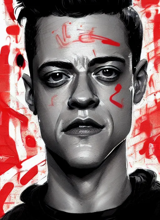 Image similar to highly detailed closeup portrait of rami malek, elliot alderson, black hoody by atey ghailan, by greg rutkowski, by greg tocchini, by james gilleard, by joe fenton, by kaethe butcher, gradient red, black and white color scheme, grunge aesthetic!!! ( ( graffiti tag wall background ) )