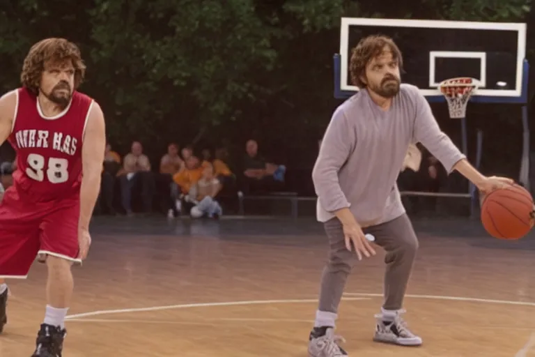 Image similar to peter dinklage playing basketball movie still, from the new slam dunk ernest movie, 8 k, realistic