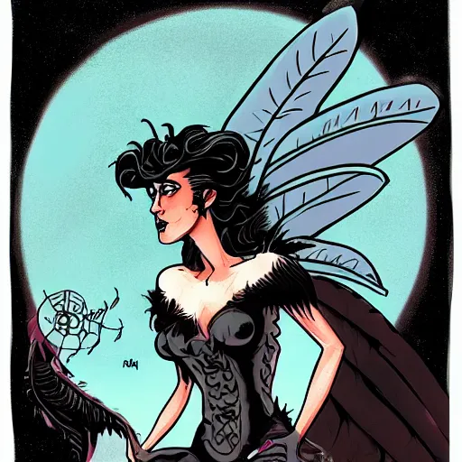 Image similar to Jennifer Connelly as dark fae gothic atompunk evil Disney villain queen with black feather hair, feathers growing out of skin, in front of space station window, Mike mignola, trending on artstation, comic book cover, illustration