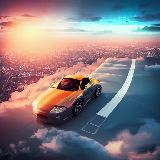 Prompt: “a beautiful car racing in the clouds during sunset above a city from a breathtaking angle, 4k, rays of light, particles light, artstation”